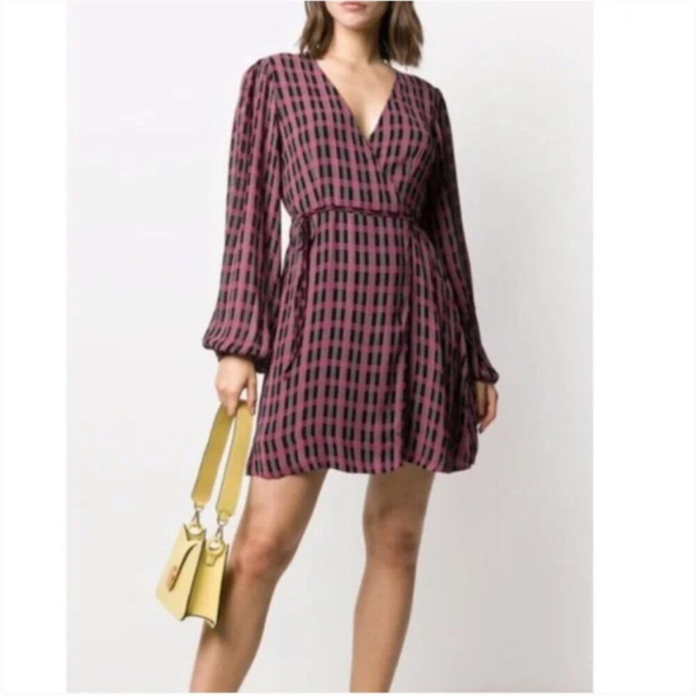 Ganni Georgette Wrap Checkered Long Sleeve Dress